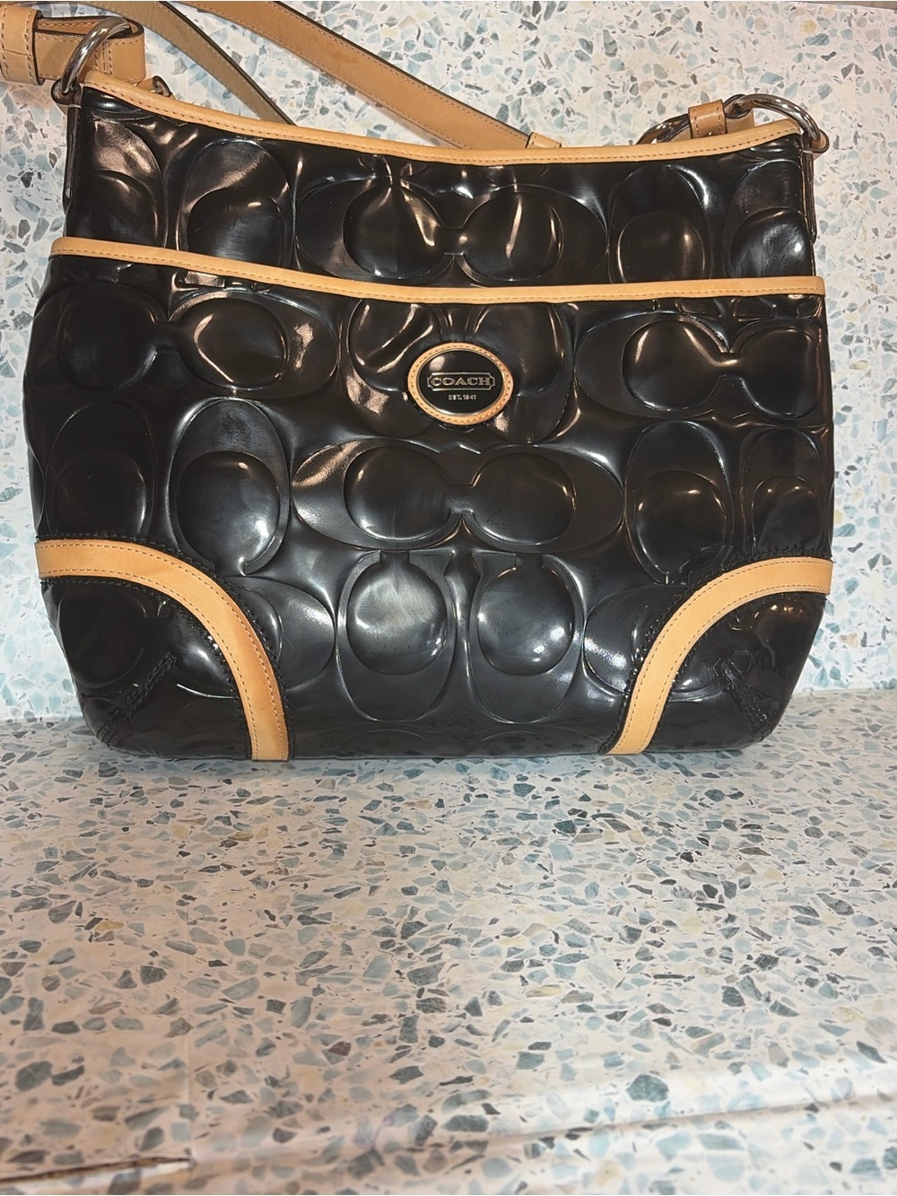 Coach Peyton F20022 Black Embossed Patent Leather Convertible Hobo Bag - Picture 2 of 8